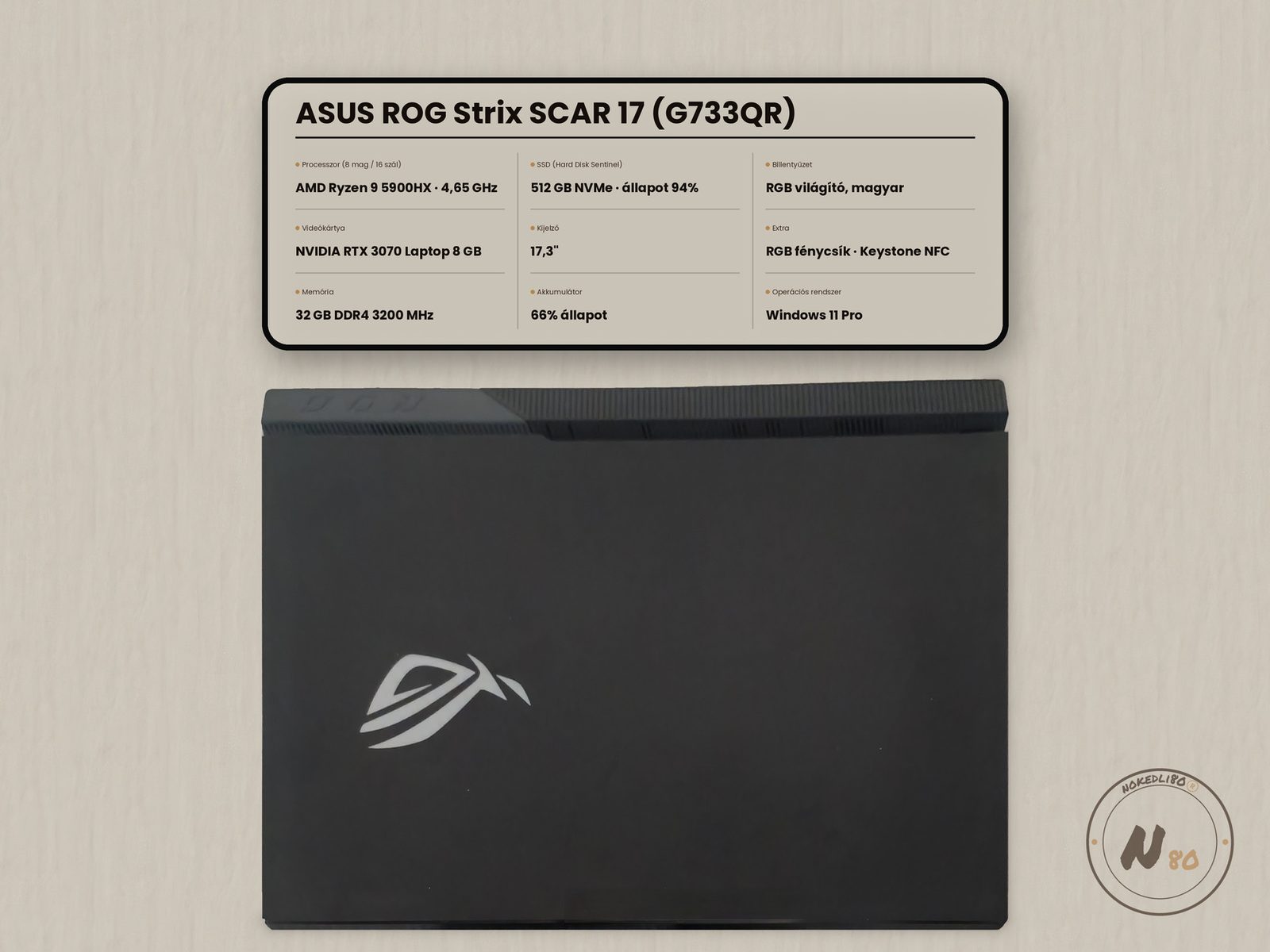 591 ASUS ROG Strix SCAR 17 Ryzen 9 5900HX, 32GB RAM, 512GB SSD, RTX 3070 – 1. kép